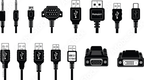 Large set of different black silhouette connector cables, including USB 3.1, HDMI, Audio Jack, DisplayPort, and VGA ports, representing computer, video, and electronic device