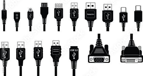 Large set of different black silhouette connector cables, including USB, HDMI, Audio Jack, DisplayPort, and DVI ports, representing computer, video, and electronic device