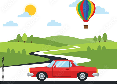 Vintage red car drives scenic winding road through green hills under sunny sky with hot air balloon floating above isolated on white background