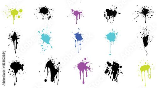 Ink drops and splashes. Blotter spots, liquid paint drip drop splash and ink splatter. Artistic dirty grunge abstract spot  set. Illustration monochrome drip splash, splat messy inkblot