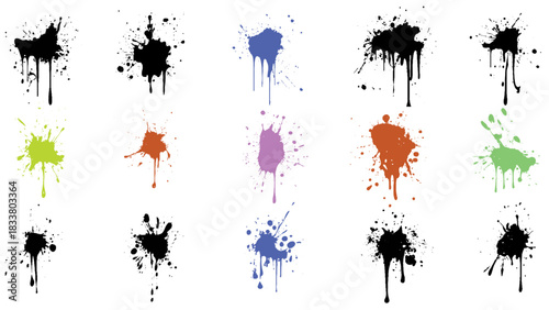Ink drops and splashes. Blotter spots, liquid paint drip drop splash and ink splatter. Artistic dirty grunge abstract spot set.
