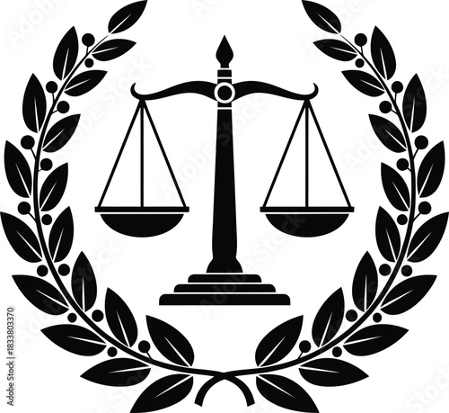 Scales of justice encircled by laurel wreath a symbol of law and triumph