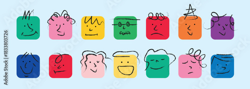 Collection of crayon diverse cartoon faces showing various emotions, perfect for illustrating feelings and expressions in a playful style