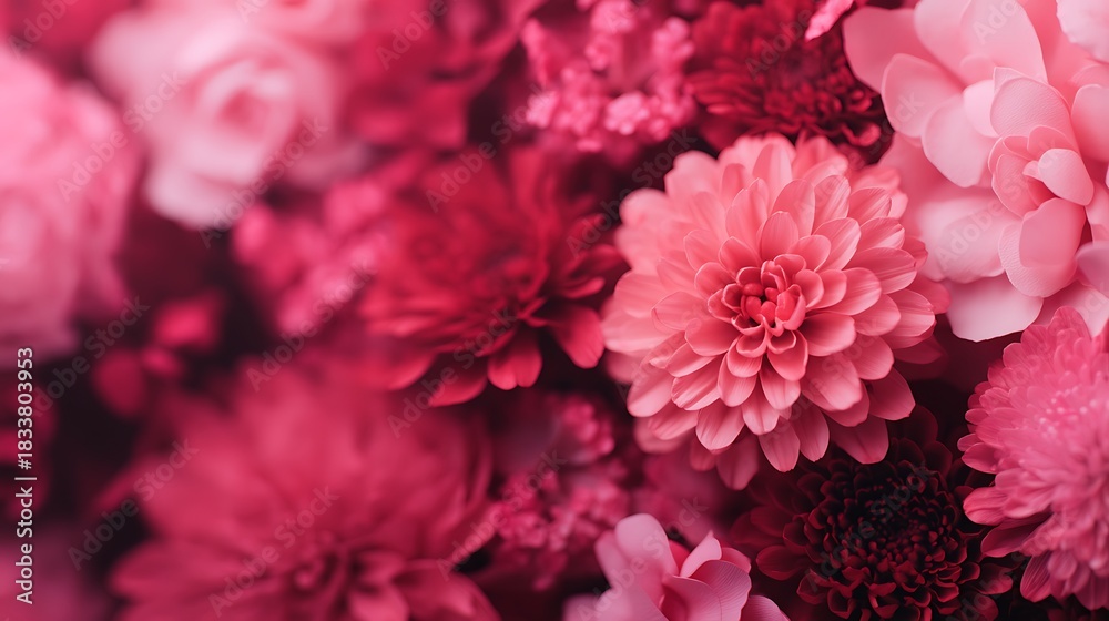 Fototapeta premium A vibrant close-up of various pink flowers, showcasing their intricate details and rich colors, creating a lively and cheerful atmosphere.