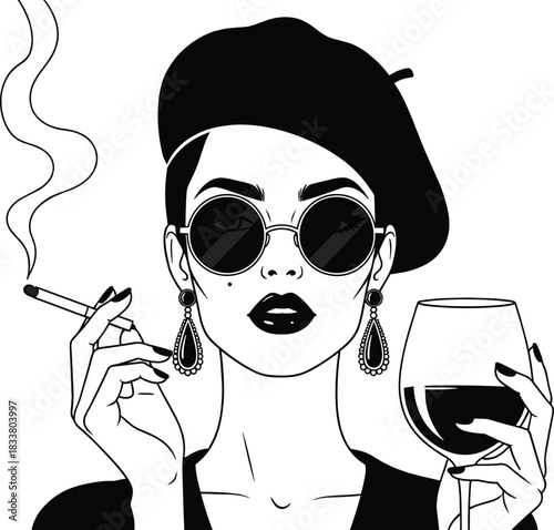 Monochrome pop art illustration of a stylish woman wearing a beret, sunglasses, and bold lipstick, smoking a cigarette and holding a glass of red wine