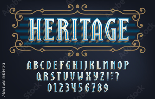 Heritage alphabet font. The set of case letters and numbers in vintage style. Perfect for eye-catching headlines, logos, posters, and designs needing a weathered, industrial feel.