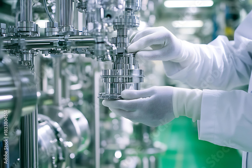 Close-up of Japanese factory worker hands wearing white gloves assembling precision stainless steel piping system in modern industrial plant