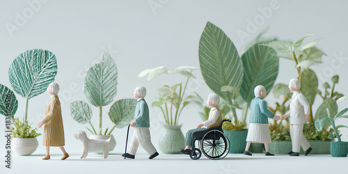 車椅子と人々が過ごすやさしい時間の風景（3D・ペーパークラフト）／まみおデザイン福祉シリーズ
