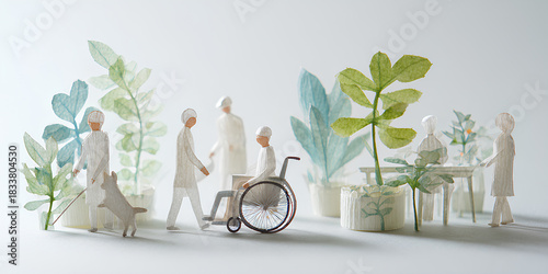 車椅子と人々が過ごすやさしい時間の風景（3D・ペーパークラフト）／まみおデザイン福祉シリーズ
