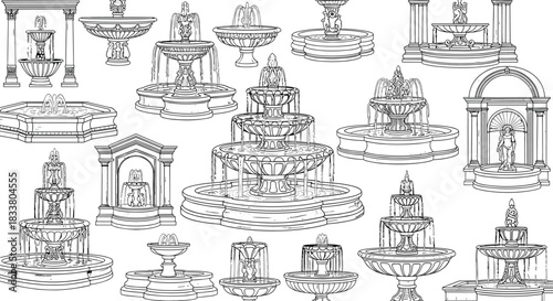 Large collection of ornate Baroque and classical fountains vector line illustrations, featuring tiered water basins and decorative pool structures for architectural and garden