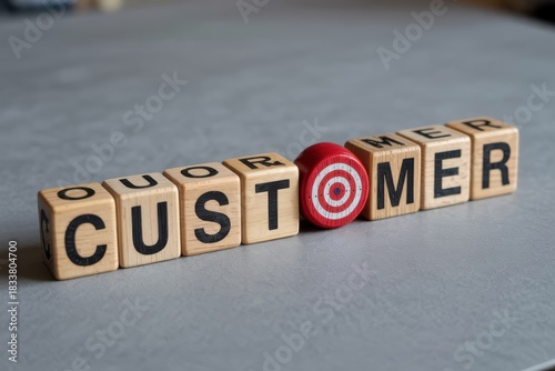 Wooden alphabet blocks spell out the phrase 'our customer' with a target symbol replacing the letter 't'