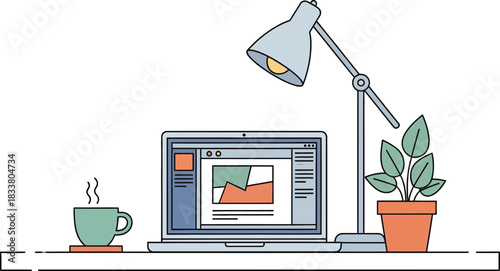 Creative workspace setup with laptop computer desk lamp steaming coffee and potted plant for remote work and digital design isolated on white background