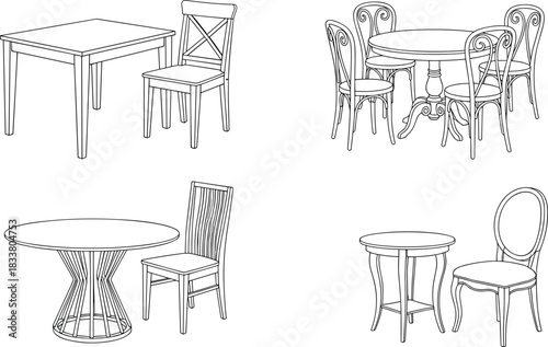 Set of hand-drawn table and chair furniture illustrations, including rustic dining sets, round cafe tables, and classic wooden bistro seating for interior design
