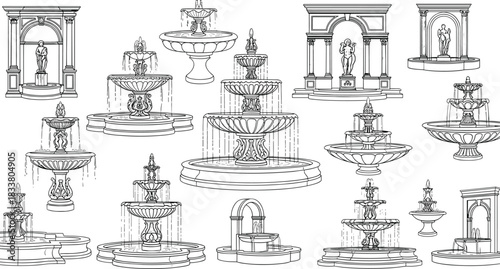 Set of classical and baroque outdoor fountains vector line art illustrations, featuring tiered basins, pool surrounds, and ornate stone statues in garden architecture