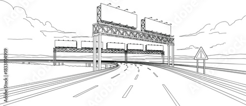 Hand-drawn line art illustration of a highway with multiple blank billboards and overhead gantries, depicting roadside advertising, transportation infrastructure, and travel concept