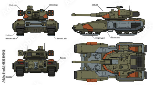 Detailed schematic blueprint of a futuristic military tank from multiple perspectives.