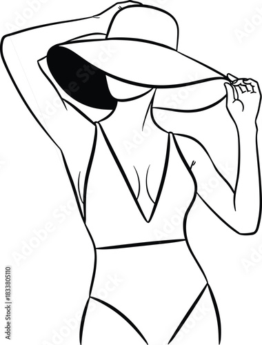 Monochrome vector line art illustration of an elegant woman wearing a deep V-neck one-piece swimsuit and wide-brim sun hat for summer resort fashion