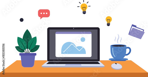 Modern home office setup featuring laptop plant coffee mug and idea light bulbs floating above desk isolated on white background