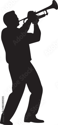 Silhouette of a man playing a trumpet on a white background