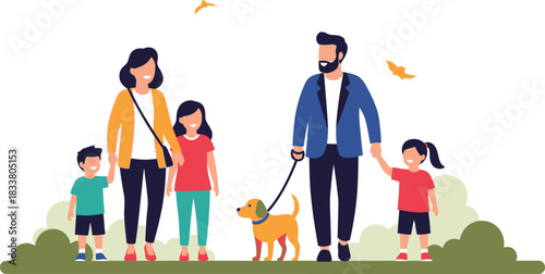 Happy family together walking dog in park outdoors lifestyle scene creating cherished memories and bonding moments with children and pet isolated on white background