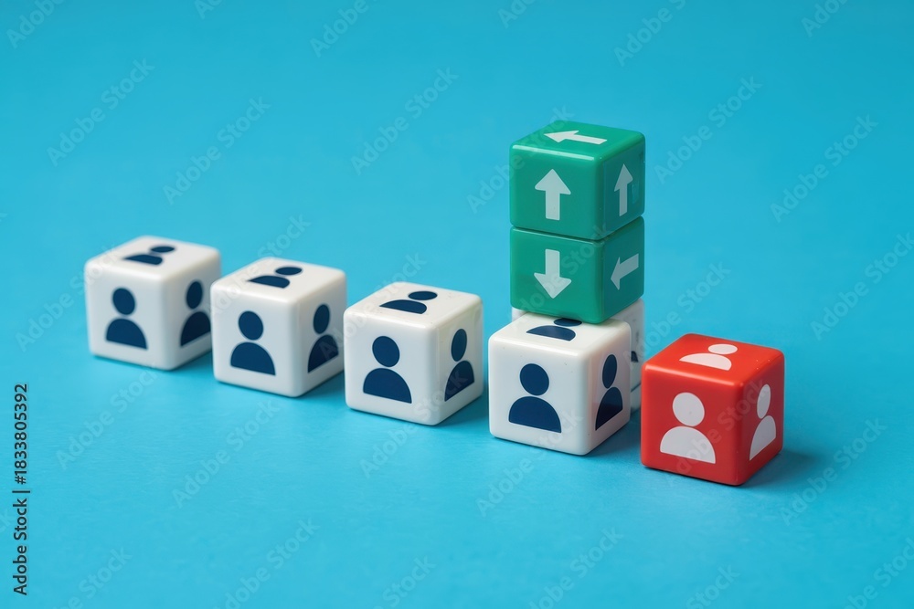 Obraz premium Row of small cubes marked with human silhouettes illustrates concepts of team dynamics and status differentiation