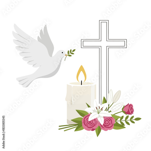 Christian symbols of peace and faith with dove cross and candle.