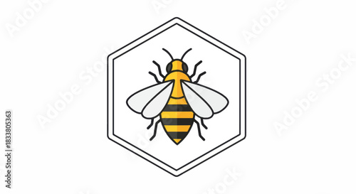 Bee inside hexagon logo design with yellow and black stripes.