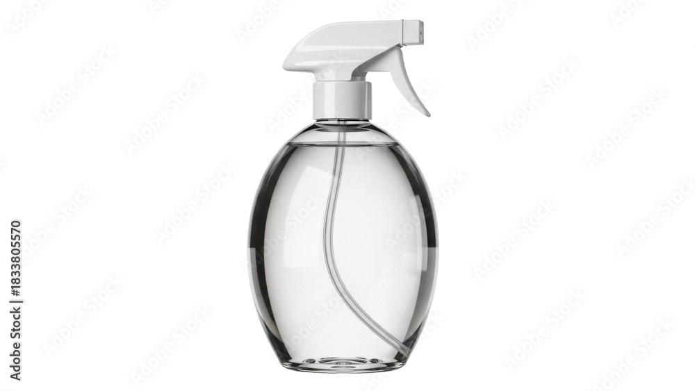 Obraz premium Clear spray bottle with white nozzle isolated PNG, cleaning product for household and gardening on transparent background