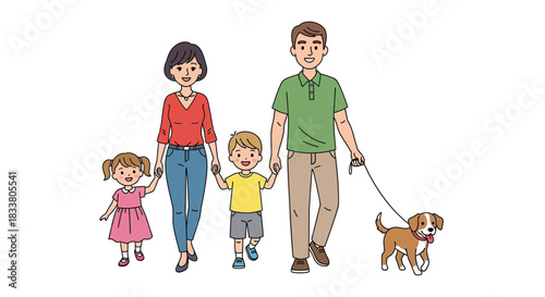 Happy family walking together with their dog enjoying a leisurely stroll outdoors representation of togetherness and love isolated on white background