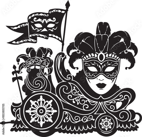 Ornate venetian carnival mask on a decorative float with flag