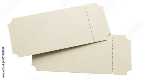Two blank beige tickets isolated PNG on transparent background, admission pass for events and entertainment industry