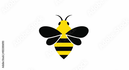 Striking illustration of a stylized bee with black and yellow stripes and wings.