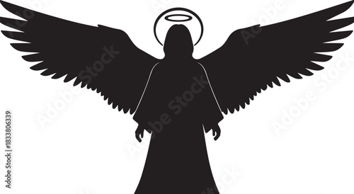 Angel silhouette with halo and spread wings divine
