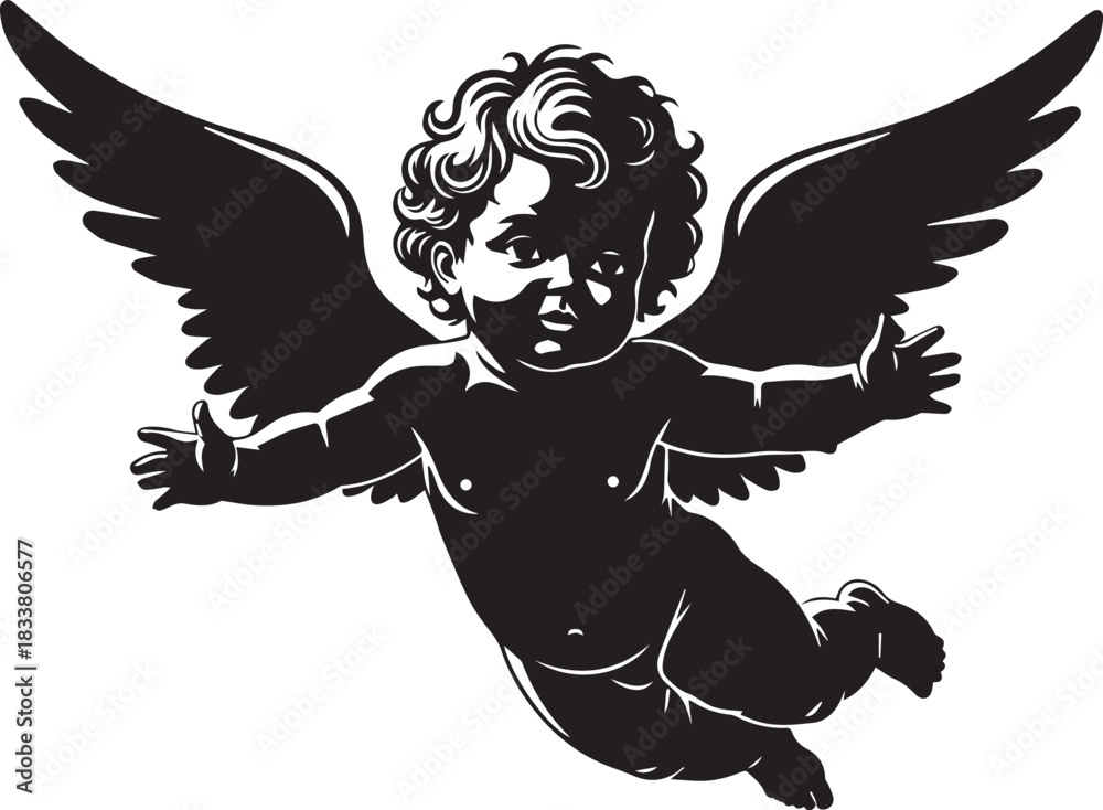 Fototapeta premium Black silhouette of a flying cherub with wings outstretched