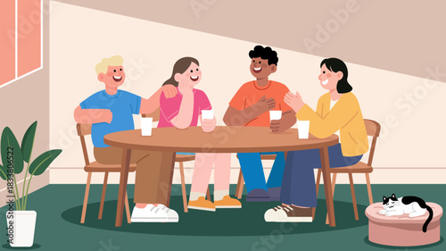 Friends sitting around a table, talking and laughing. The image conveys a sense of friendship, happiness, and relaxation.