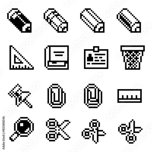 Pixel art set of office and stationery icons including pencils, ruler, triangle, notes, ID badge, trash bin, pushpin, magnet, magnifier, and scissors. Retro 8-bit assets for UI, apps, and games.