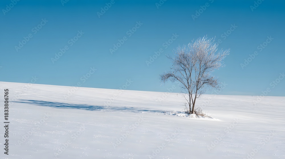 Fototapeta premium Solitary winter tree evokes serene calm across a vast snowfield under clear blue skies