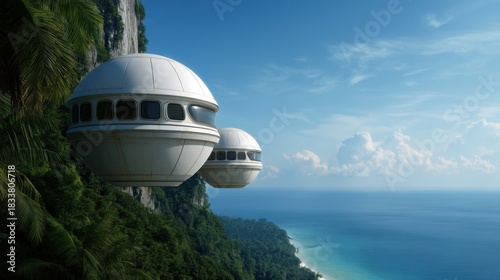 Futuristic pods hover near a lush coastline, surrounded by cliffs and blue ocean, blending technology with nature's beauty.