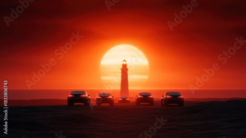 A serene sunset scene featuring a lighthouse and four cars silhouetted against a vibrant orange sky, creating a tranquil atmosphere.