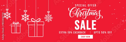 Festive red Christmas sale banner with hanging snowflake ornaments and baubles, elegant Christmas typography, special offer promotion with cashback and discount, ideal for holiday marketing and online