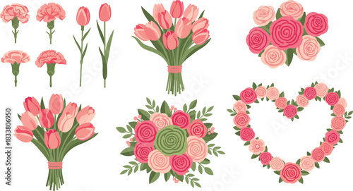 Collection of beautiful pink floral arrangements and heart wreath