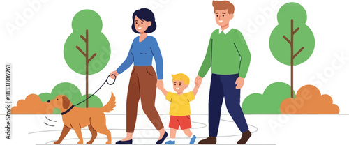 Happy family walking dog in park leisure outdoor activity parents child and pet enjoying nature scenery together isolated on white background