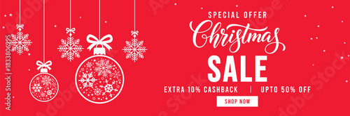 Festive red Christmas sale banner with hanging snowflake ornaments and baubles, elegant Christmas typography, special offer promotion with cashback and discount, ideal for holiday marketing and online