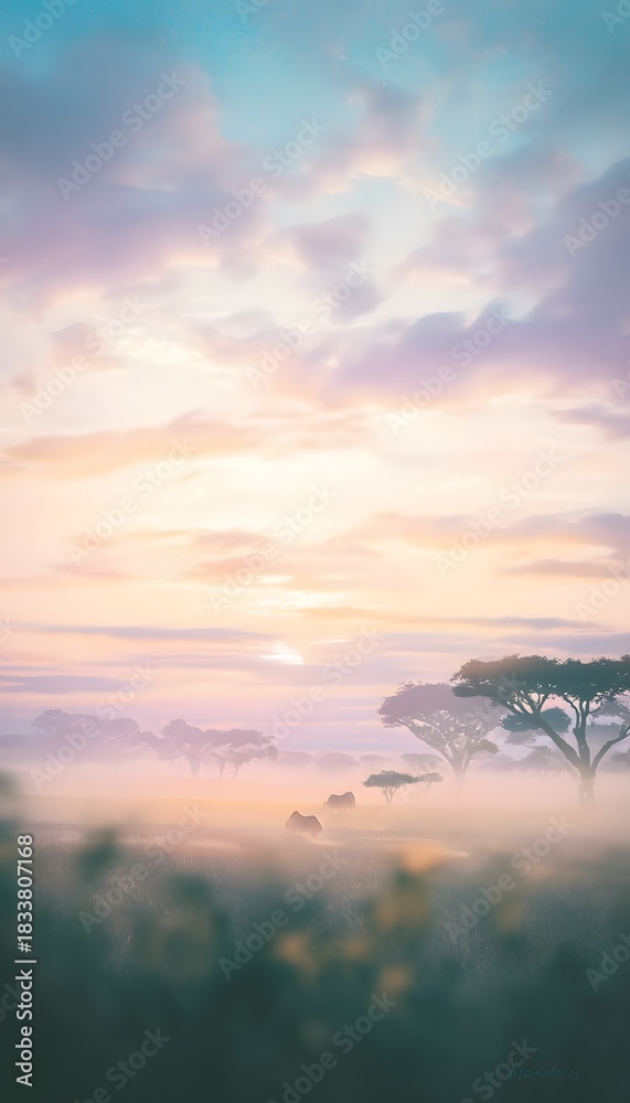 Naklejka premium Serene Serengeti sunrise blends anime style with tranquil plains a dreamy ethereal landscape vista