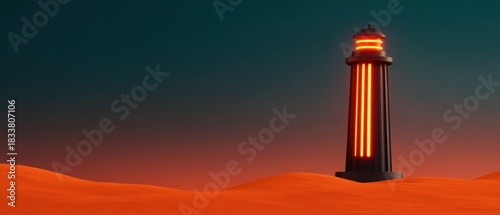 A futuristic lighthouse stands on a desert landscape, illuminated by striking red lights against a gradient sky.