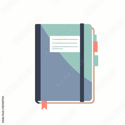 Illustration of a closed notebook with a label, bookmark, and elastic closure.