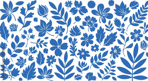 Blue floral and leaf pattern on white background flower