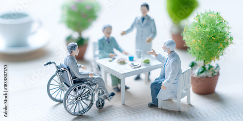 車椅子の人とドクターのやさしいひと時（3D）／まみおデザイン福祉シリーズ
