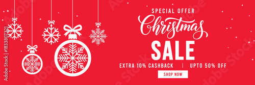 Festive red Christmas sale banner with hanging snowflake ornaments and baubles, elegant Christmas typography, special offer promotion with cashback and discount, ideal for holiday marketing and online