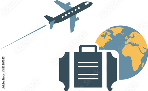 Airplane flying around the globe near a suitcase symbolizing global travel and vacation planning with destination exploration isolated on white background